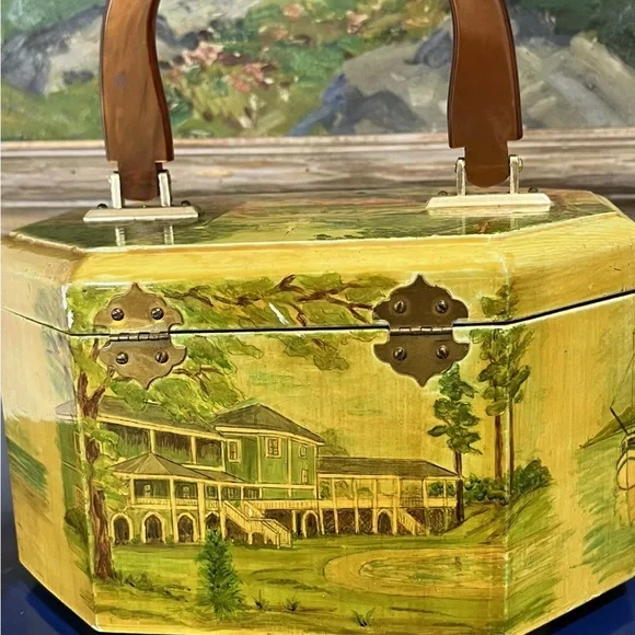 Floral Building Scenic Wood Box Purse Bag Pink Orange Green Vintage 60s 70s - Picture 5 of 8